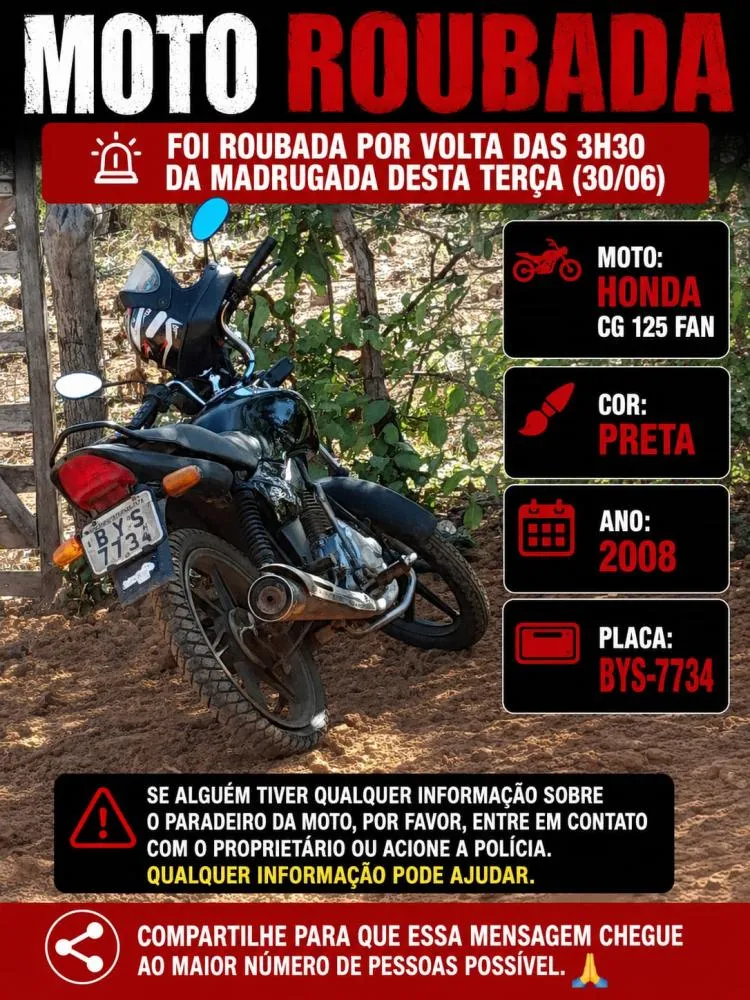 Moto é furtada durante a madrugada em Oeiras e proprietário pede ajuda para localizá-la — imagem 1